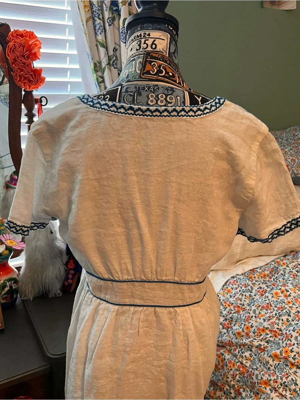 J. Crew White Linen Midi Dress with Blue Embroidered Trim